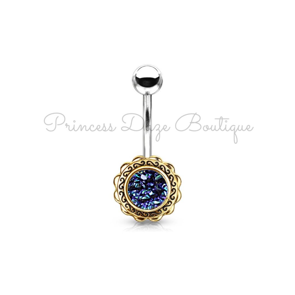 Gold Filigree Flower Blackish Blue‎ Druzy Stone Belly Button Ring